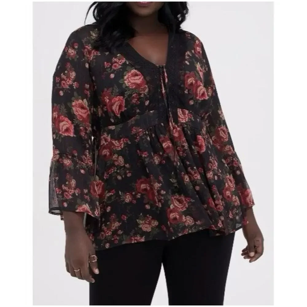 Torrid Top Blouse Black Sheer Red Rose Babydoll Chiffon Floral Plus Size 2 2X